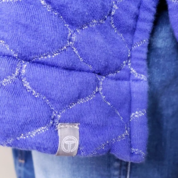 T By TALBOTS Quilted Blue Silver Zip Neck Pullover Top Size large - Picture 5 of 9